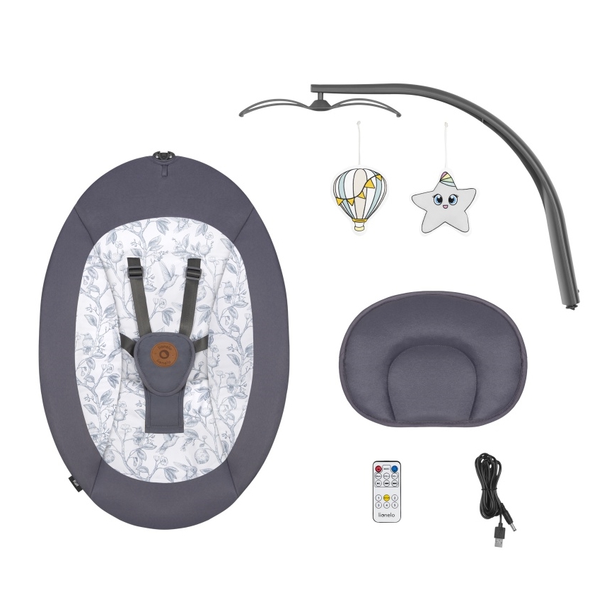 Lionelo - Detská hojdačka s melódiou RALF 4xAA šedo-biela + diaľkové ovládanie