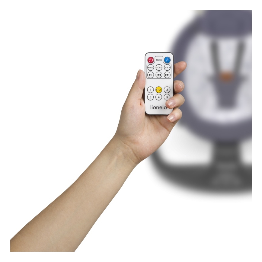 Lionelo - Detská hojdačka s melódiou RALF 4xAA šedo-biela + diaľkové ovládanie