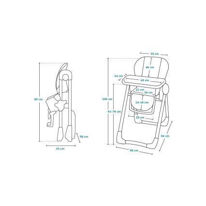 Detská vysoká stolička je znázornená v zloženom a rozloženom stave. Sú uvedené rozmery: výška 61-76 cm, šírka 58 cm, hĺbka 35 cm (zložená), 94 cm (rozložená).