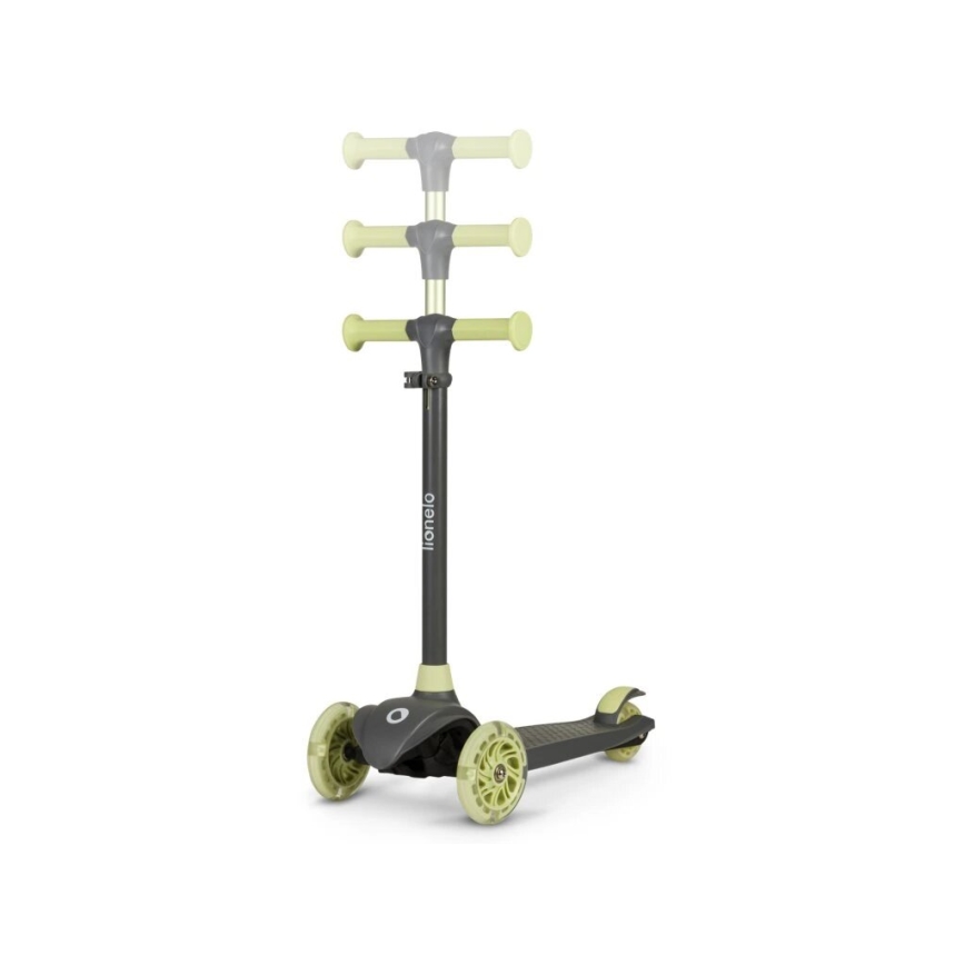 Detský odrážadlový trojkolkový skúter s nastaviteľnou výškou riadidiel, šedá a svetlozelená farba, umiestnený na bielom pozadí. Na riadidlách je logo „Lionelo“.