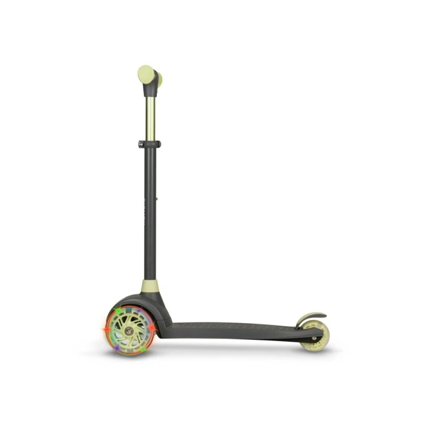 Detský odrážadlo s šedou platformou a svetlozelenými detailmi stojí na bielom pozadí. Predné koleso má farebné svetielka.