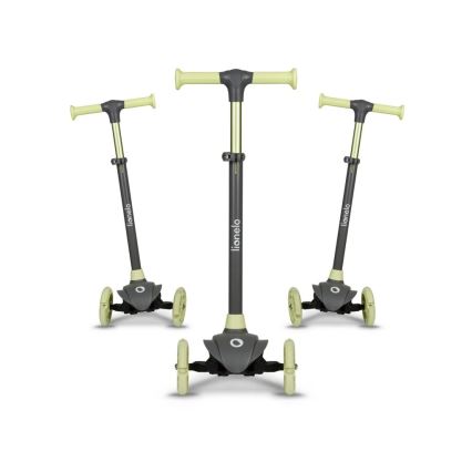 Tri detské odrážadlá Lionelo stoja vedľa seba na bielom pozadí. Každé má tri kolieska, šedú konštrukciu a svetlozelené riadidlá.