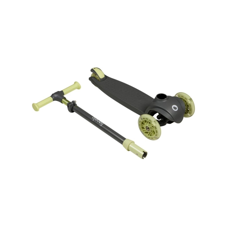 Detský odrážadlový skúter s troma kolieskami, sivý s limetkovozelenými detailami, je rozložený na dve časti: šasi s kolesami a riadidlá. Na riadidlách je viditeľný nápis Moovly.