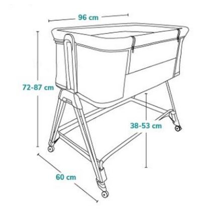 Detská postieľka s nastaviteľnou výškou (72-87 cm) a dĺžkou (96 cm) stojí na kolieskach. Šírka postieľky je 38-53 cm a jej celková výška je 60 cm.