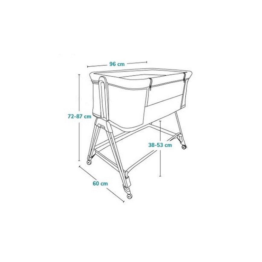 Detská postieľka s nastaviteľnou výškou (72-87 cm) a dĺžkou (96 cm) stojí na kolieskach. Šírka postieľky je 38-53 cm a jej celková výška je 60 cm.