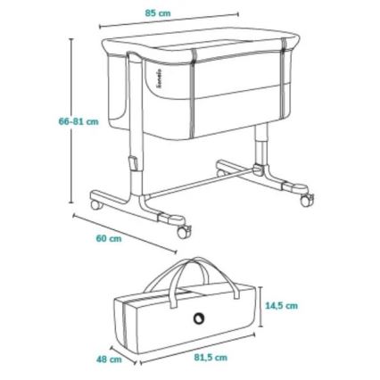 Detská postieľka na kolieskach s rozmermi 85x66-81x60 cm je zobrazená s prenosnou taškou 81,5x48x14,5 cm. Postieľka je pripravená na použitie.