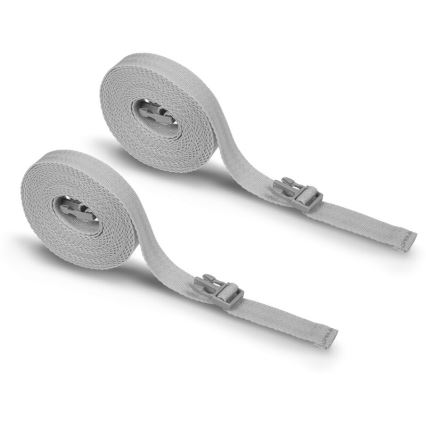 Dve sivé popruhy s plastovými prackami sú zrolované na bielom pozadí. Popruhy sú čiastočne rozvinuté.