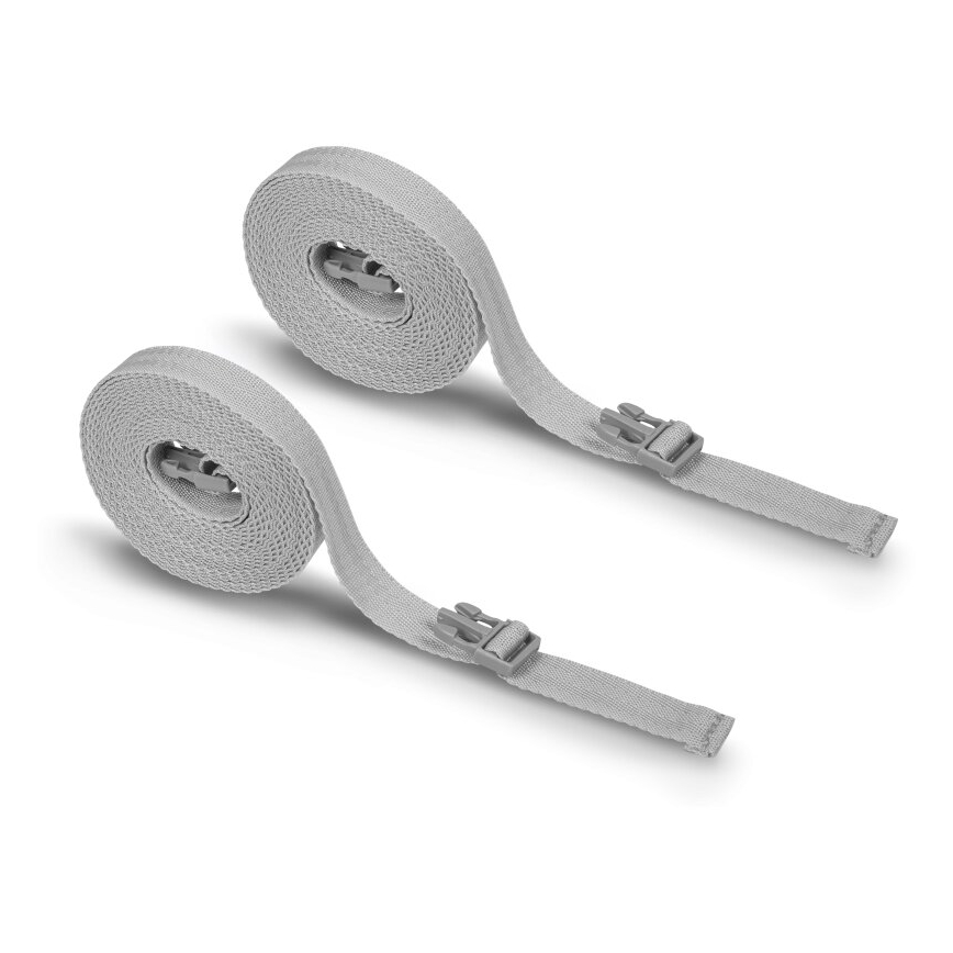 Dve sivé popruhy s plastovými prackami sú zrolované na bielom pozadí. Popruhy sú čiastočne rozvinuté.