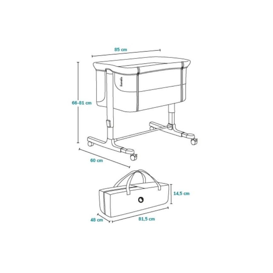Detská postieľka na kolieskach s rozmermi 85x66-81x60 cm je zobrazená s prenosnou taškou (48x81,5x14,5 cm). Postieľka je určená na spanie dieťaťa.