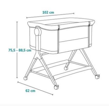 Detská postieľka s rozmermi 102 cm x 75,5 - 88,5 cm x 62 cm stojí na štyroch kolieskach. Je znázornená čiernobielo s technickými údajmi.