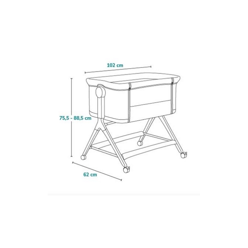 Detská postieľka s rozmermi 102 cm x 75,5 - 88,5 cm x 62 cm stojí na štyroch kolieskach. Je znázornená čiernobielo s technickými údajmi.