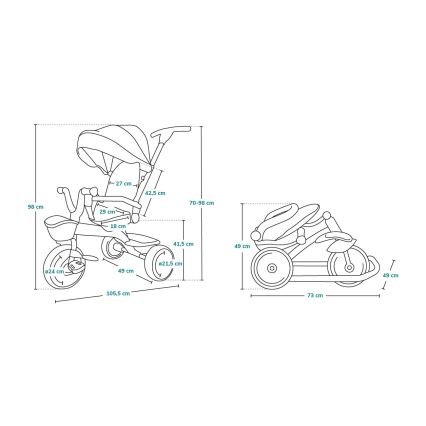 Detský trojkolkový bicykel – rozmery sú uvedené v centimetroch: celková dĺžka 105,5, šírka 49, výška 98, výška rukoväte 70-98, šírka sedadla 29, hĺbka sedadla 18, priemer kolies 21,5 a 24. Druhý pohľad zobrazuje trojkolku zboku s rozmermi 73 cm (dĺžka) a 49 cm (šírka).