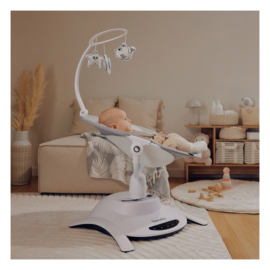 Lionelo - Detské hojdacie kresielko s melódiou 2v1 BELLA 4xAA Sivý betón + diaľkové ovládanie