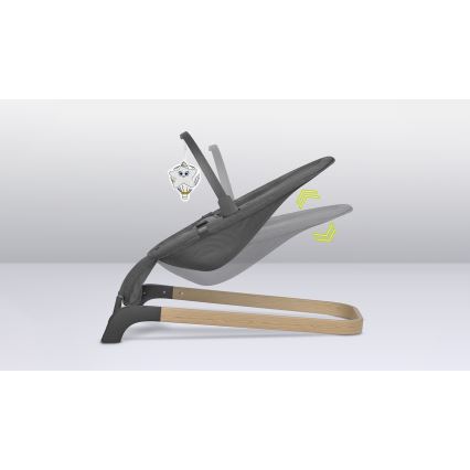 Húpacia sedačka s nastaviteľným sklonom sa nachádza na drevenom ráme. Sedačka je z tmavosivej sieťoviny a má pripevnenú hraciu zavesenú hračku v tvare balóna s hviezdou.