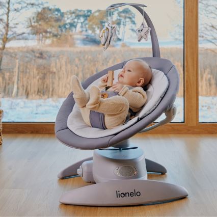 Lionelo - Detské húpacie lehátko s melódiou MELL Grey Stone 4xAA + diaľkové ovládanie