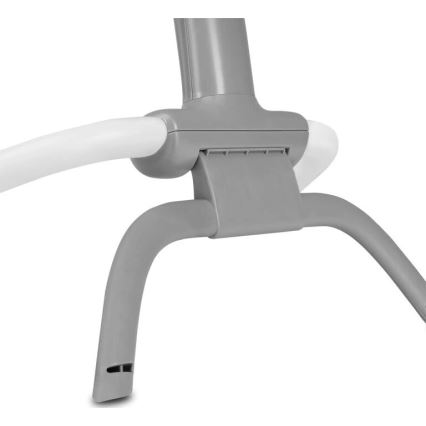 Šedá plastová konštrukcia s bielymi prvkami, ktorá sa skladá z dvoch zakrivených ramien a stredového prvku, pripomínajúca časť detskej hojdačky alebo podobného zariadenia.