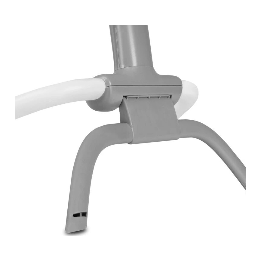 Šedá plastová konštrukcia s bielymi prvkami, ktorá sa skladá z dvoch zakrivených ramien a stredového prvku, pripomínajúca časť detskej hojdačky alebo podobného zariadenia.