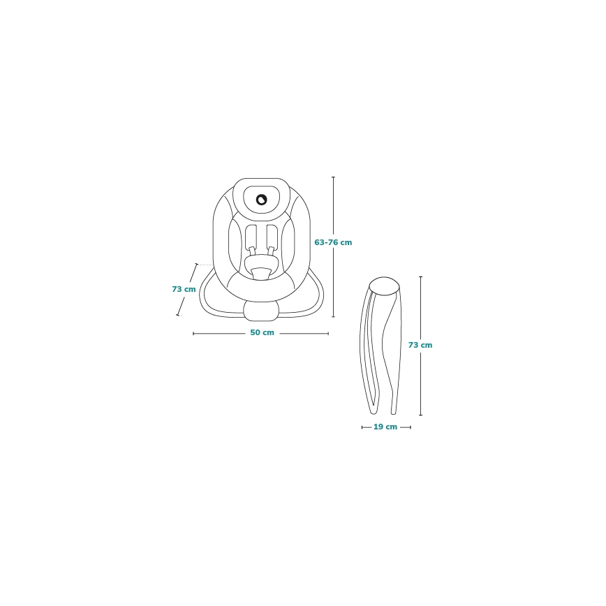 Detská sedačka s rozmermi 50 x 73 cm a výškou 63-76 cm je znázornená zhora a z boku. Súčasťou obrázka sú aj rozmery samostatného stojana s výškou 73 cm a šírkou 19 cm.