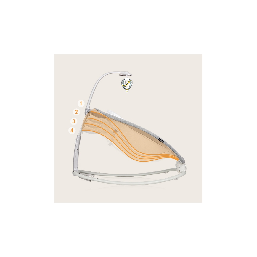 Houpací lehátko pre bábätká s nastaviteľným sklonom chrbta sa hojdá. Nad lehátkom je pripevnená hracia tyč s obrázkom balóna. Lehátko má sivú látkovú časť a striebornú kovový rám. Čísla 1, 2, 3 a 4 označujú nastavenia sklonu.