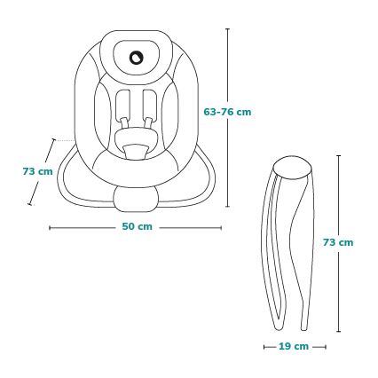 Detská sedačka je zobrazená zhora a zboku s rozmermi: výška 63-76 cm, šírka 50 cm, hĺbka 73 cm. Súčasťou je aj schéma nôh s výškou 73 cm a šírkou 19 cm.