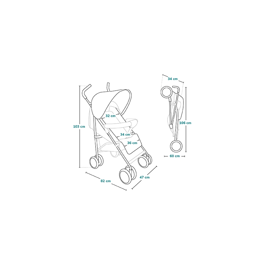 Kočík je znázornený rozložený a zložený s uvedenými rozmermi: rozložený - výška 103 cm, šírka 47 cm, dĺžka 82 cm; zložený - výška 106 cm, šírka 34 cm, hĺbka 60 cm. Rozmery sedadla sú 32 cm, 34 cm a 36 cm.