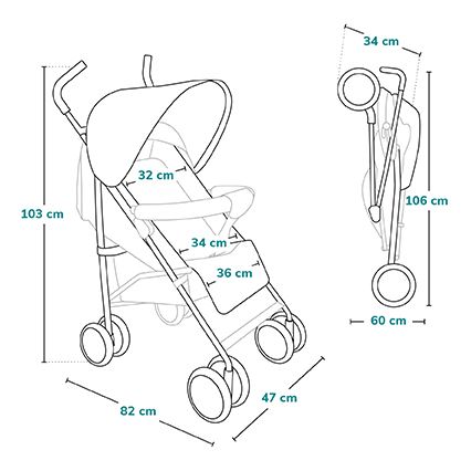 Kočík je zobrazený v rozloženom a zloženom stave s uvedenými rozmermi: rozložený – výška 103 cm, šírka 47 cm, dĺžka 82 cm; zložený – výška 106 cm, šírka 34 cm, hĺbka 60 cm. Sedacia časť má rozmery 32x34x36 cm.