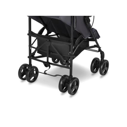 Dvojkombinácia kočíka stojí na štyroch pároch koliesok. Má skladaciu konštrukciu a pod sedadlami sa nachádza úložný priestor. Je tmavosivej farby.