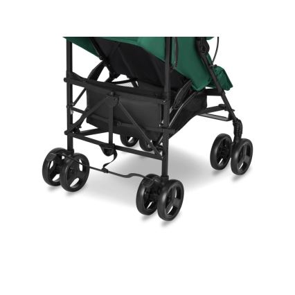 Dvojkombinácia detského kočíka s tmavozelenou strieškou stojí na štyroch pároch koliesok. Konštrukcia je čierna. Pod sedadlami je odkladací priestor.