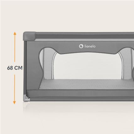 Prebaľovacia podložka Lionelo je zobrazená zboku. Jej výška je 68 cm. Je sivá s priehľadnými sieťovinovými časťami.