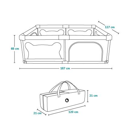 Prebalovacia ohrádka s rozmermi 187 x 127 x 68 cm sa skladá do tašky s rozmermi 120 x 21 x 21 cm. Ohrádka je rozdelená na dve časti.
