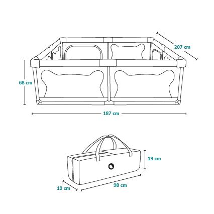 Hracia ohrádka s rozmermi 187x207x68 cm sa skladá. Súčasťou je prepravná taška s rozmermi 98x19x19 cm.
