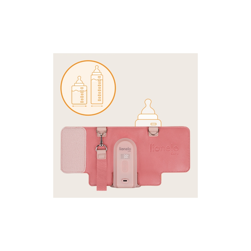 Ružová prenosná ohrievačka na fľaše Lionelo Care s displejom ukazujúcim 38°C, má nastaviteľný popruh a je určená na ohrievanie detských fliaš rôznych veľkostí.
