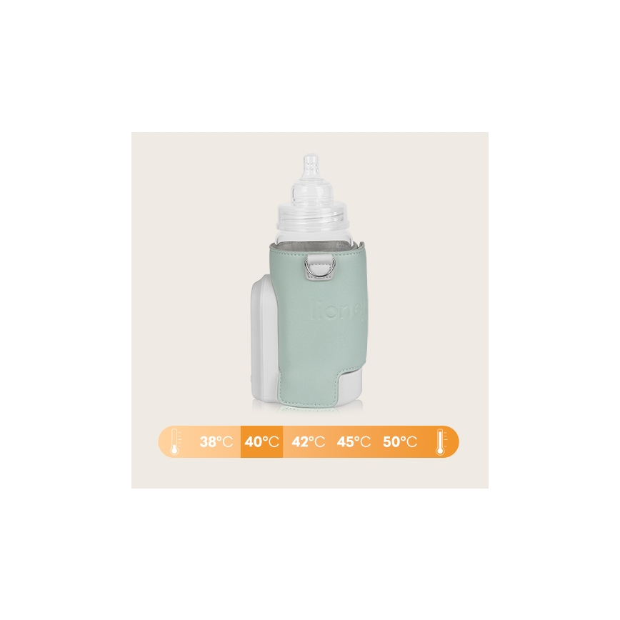 Sklenená detská fľaša s cumlíkom je vložená do mäkkej zelenej puzdra s prístrojom na udržanie teploty. Puzdro má uško na prenášanie. Uvedené teploty sú 38°C, 40°C, 42°C, 45°C a 50°C.