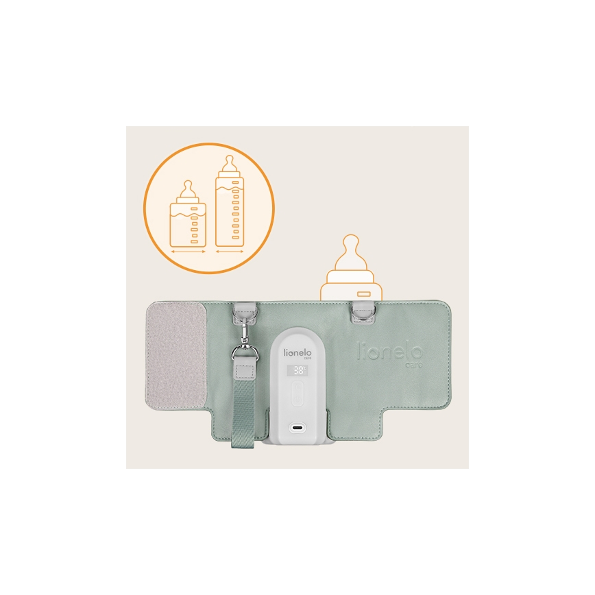 Prenositelný ohrievač fliaš Lionelo Care udržuje teplotu 38°C. Zariadenie je pripevnené na mäkkej, svetlozelenej podložke s popruhom. Je zobrazená kompatibilita s dvoma veľkosťami detských fliaš.