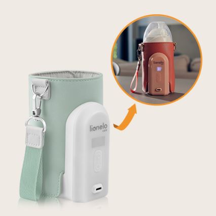 Prehrievač detskej fľaše značky Lionelo Care s mäkkým puzdrom a popruhom na prenášanie, zobrazený s displejom a tlačidlami. Zobrazuje aj detail s fľašou vo vnútri.