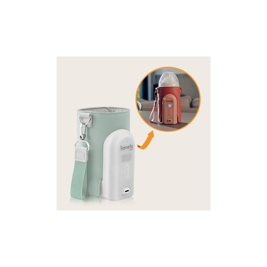 Prehrievač detskej fľaše značky Lionelo Care s mäkkým puzdrom a popruhom na prenášanie, zobrazený s displejom a tlačidlami. Zobrazuje aj detail s fľašou vo vnútri.