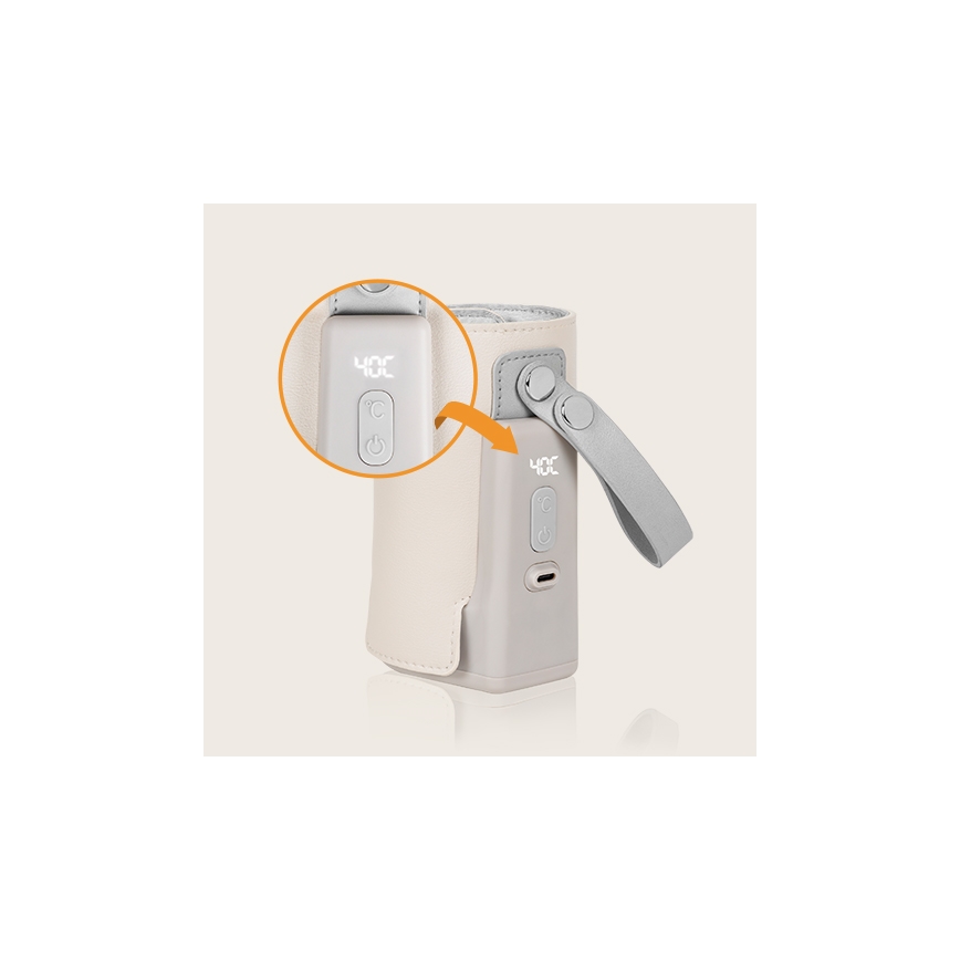 Prehrievač fľašiek zobrazuje teplotu 40°C. Má tlačidlá na ovládanie a USB-C port. Je zabalený v béžovom puzdre s popruhom.