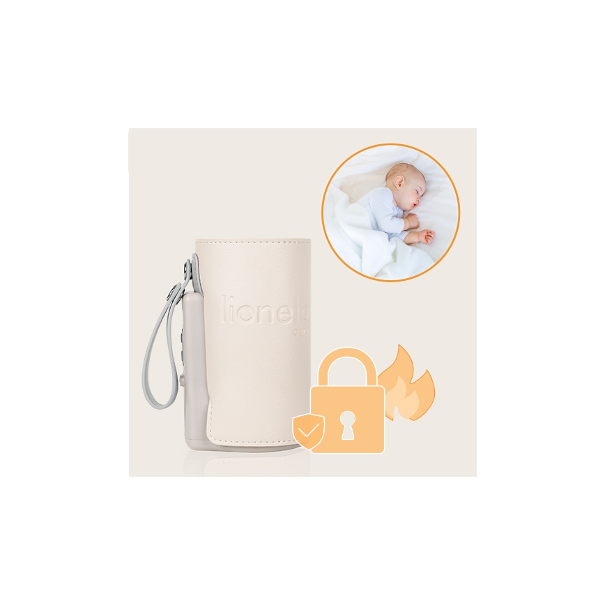 Puzdro na fľašu značky Lionelo Care je zobrazené vedľa spiaceho bábätka. Puzdro má ochranu proti prehriatiu.