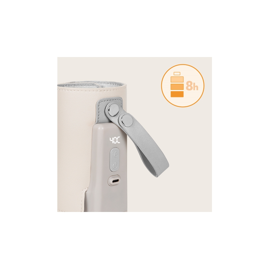 Prenositelný ohrievač fľaštičiek udržuje teplotu 40°C. Má kožený obal, popruh a zobrazuje stav batérie (8 hodín).