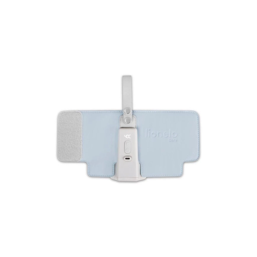 Puzdro svetlomodrej farby s pripevneným bielym zariadením, ktoré má tlačidlá a logo Lionelo Care. Puzdro má popruh a suchý zips.