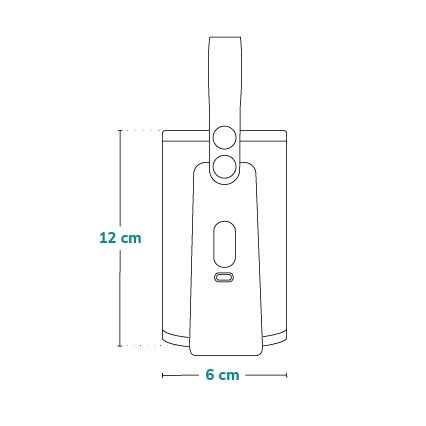 Predmet vysoký 12 cm a široký 6 cm má obdĺžnikový tvar s rukoväťou a troma tlačidlami. Je znázornený čelne, bez ďalších detailov.
