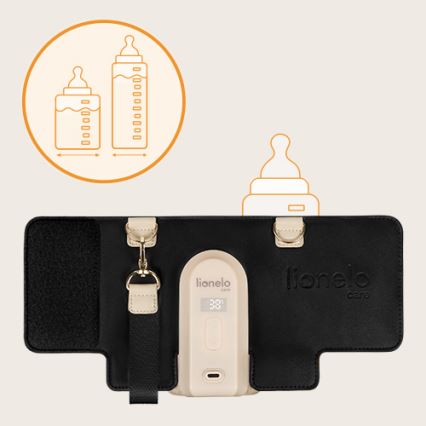 Ohrievač cumlíkov Lionelo Care drží cumlík v čiernom puzdre. Zobrazuje teplotu 38°C. Súčasťou je nastaviteľný popruh.