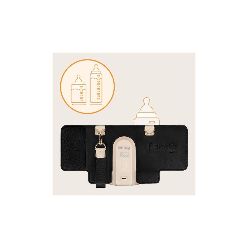 Ohrievač cumlíkov Lionelo Care drží cumlík v čiernom puzdre. Zobrazuje teplotu 38°C. Súčasťou je nastaviteľný popruh.