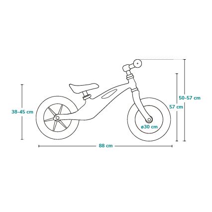 Detské odrážadlové kolo je znázornené z boku. Má rozmery: dĺžka 88 cm, výška 50-57 cm, výška sedadla 38-45 cm, priemer kolies 30 cm.