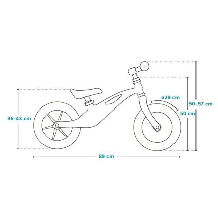 Detské odrážadlové bicykel je zobrazené z boku s rozmermi: výška riadidiel 50-57 cm, šírka riadidiel 29 cm, dĺžka 89 cm, výška sedadla 36-43 cm.