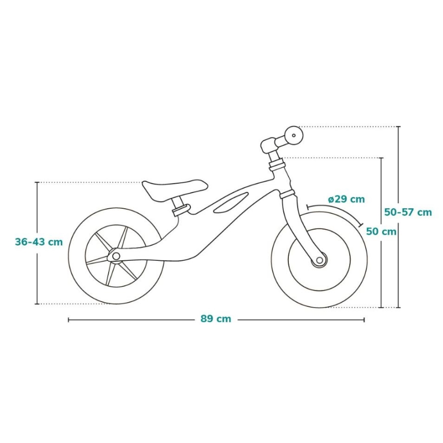 Detské odrážadlové bicykel je zobrazené z boku s rozmermi: výška riadidiel 50-57 cm, šírka riadidiel 29 cm, dĺžka 89 cm, výška sedadla 36-43 cm.