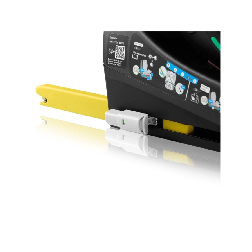 Čierna autosedačka Lionelo Henry i-Size i0230 sa pripája k základni. Žltá páka sa zasúva do bieleho konektora na základni. Na sedačke je QR kód a schéma inštalácie.