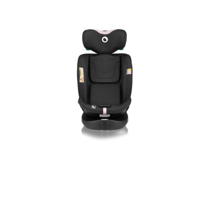 Autosedačka čelí dopredu, je prevažne čierna s ružovými a zelenými detailmi. Nachádza sa na bielom pozadí.