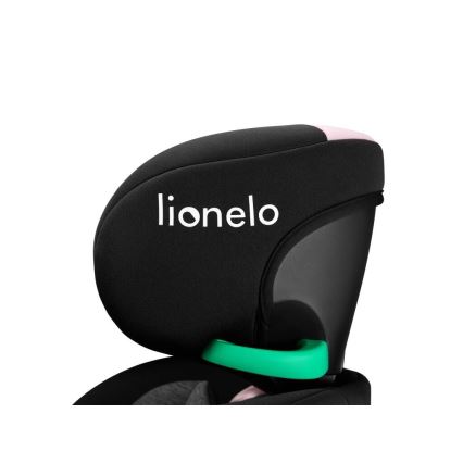 Autosedačka Lionelo s opierkou hlavy z čiernej látky a ružovým lemovaním. Opierka má zelený pásik. Na opierke je vyrazené logo „lionelo“.