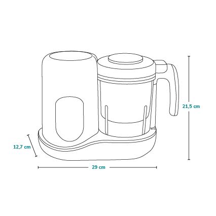 Dvojdielny kuchynský robot s mixérom a nádobou na prípravu jedla stojí na základni. Rozmery: výška 21,5 cm, šírka 29 cm, hĺbka 12,7 cm.